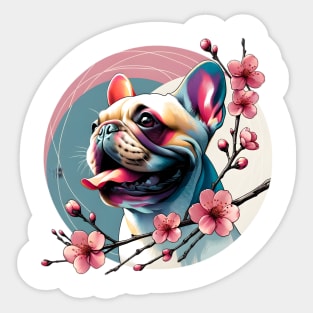 Joyful French Bulldog with Spring Cherry Blossoms Sticker